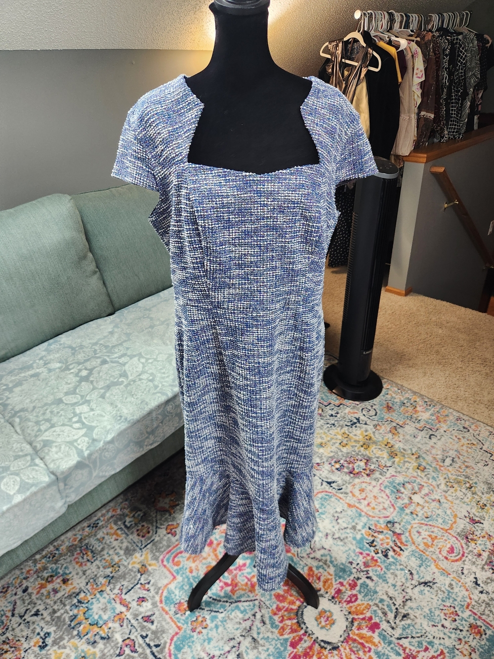Grace Karin Blue Tweed Sheath Midi Dress Blue & White XL Great Condition
